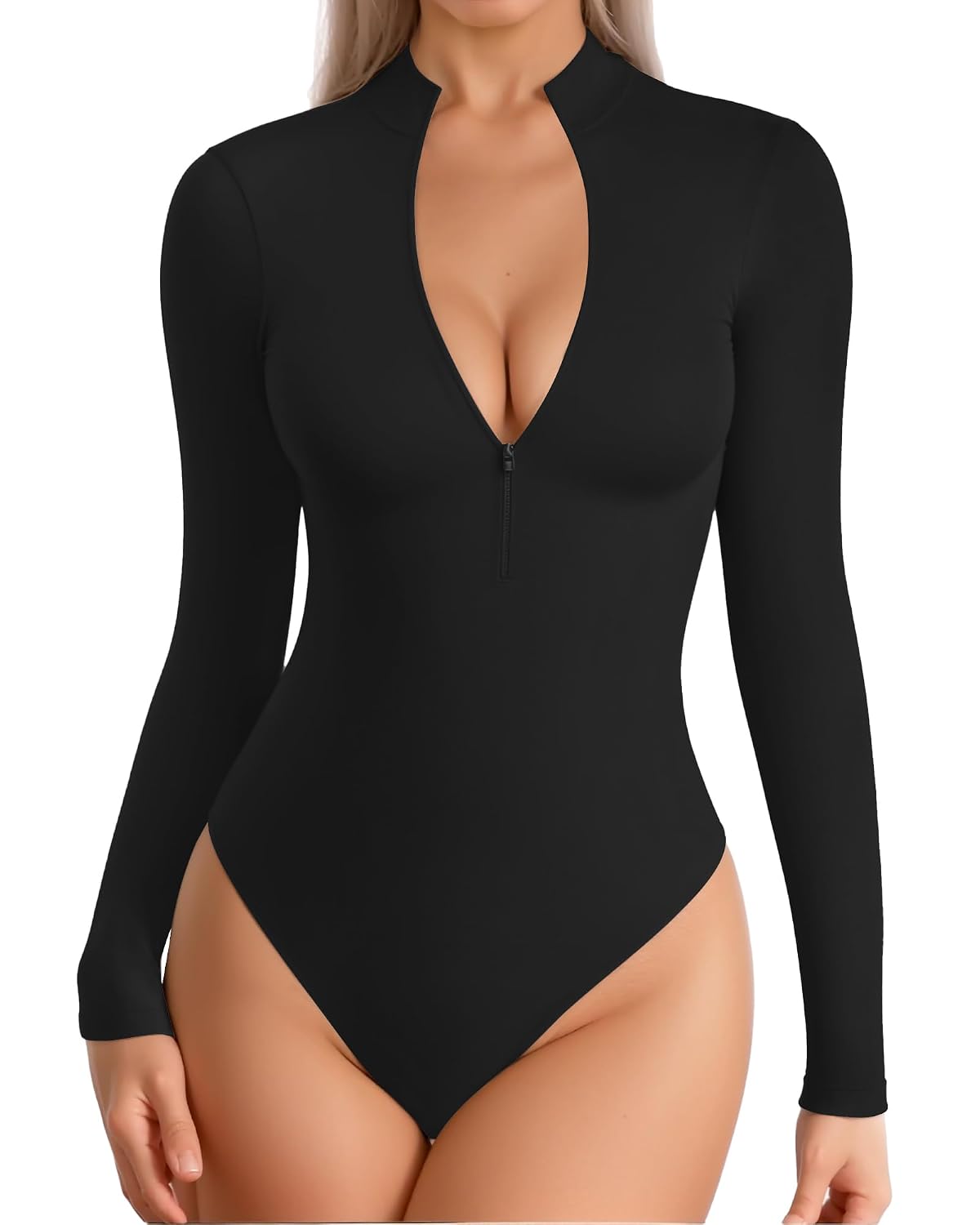 MANGOPOP Ribbed Mock Neck Zip Bodysuit
