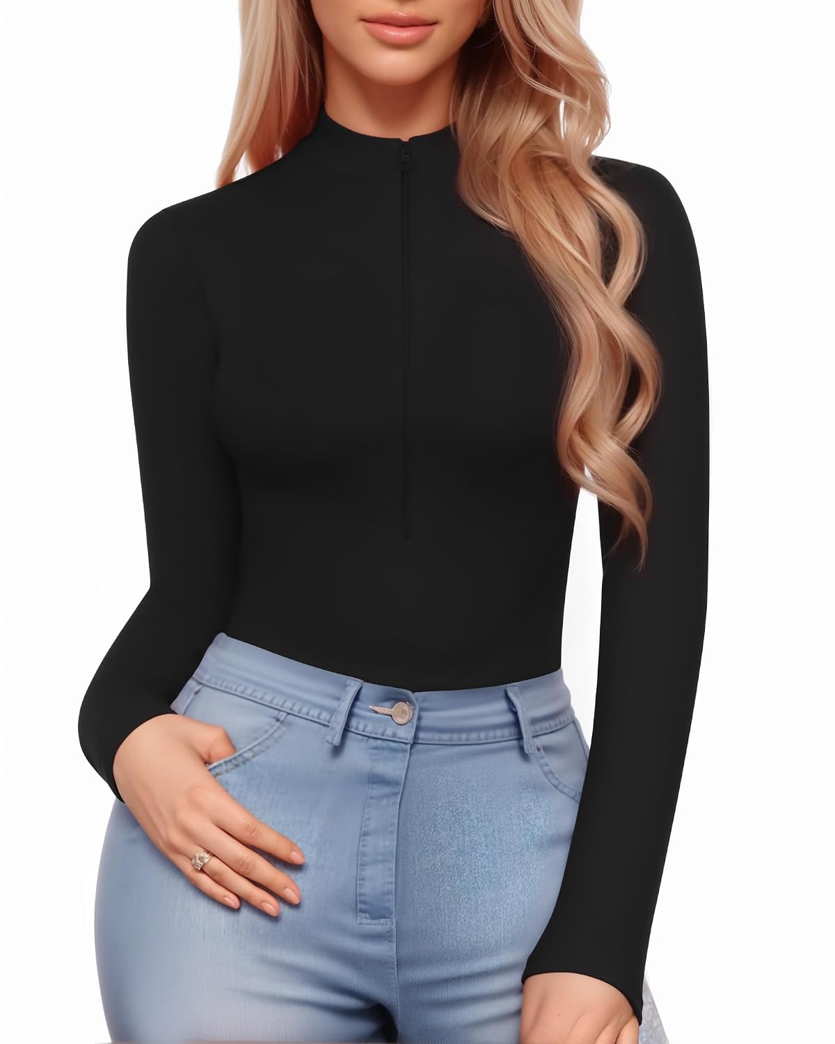 MANGOPOP Ribbed Mock Neck Zip Bodysuit — image 2