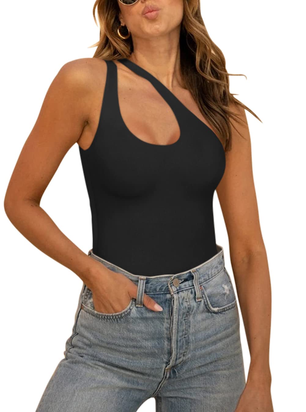REORIA Plunge One Shoulder Bodysuit for Women
