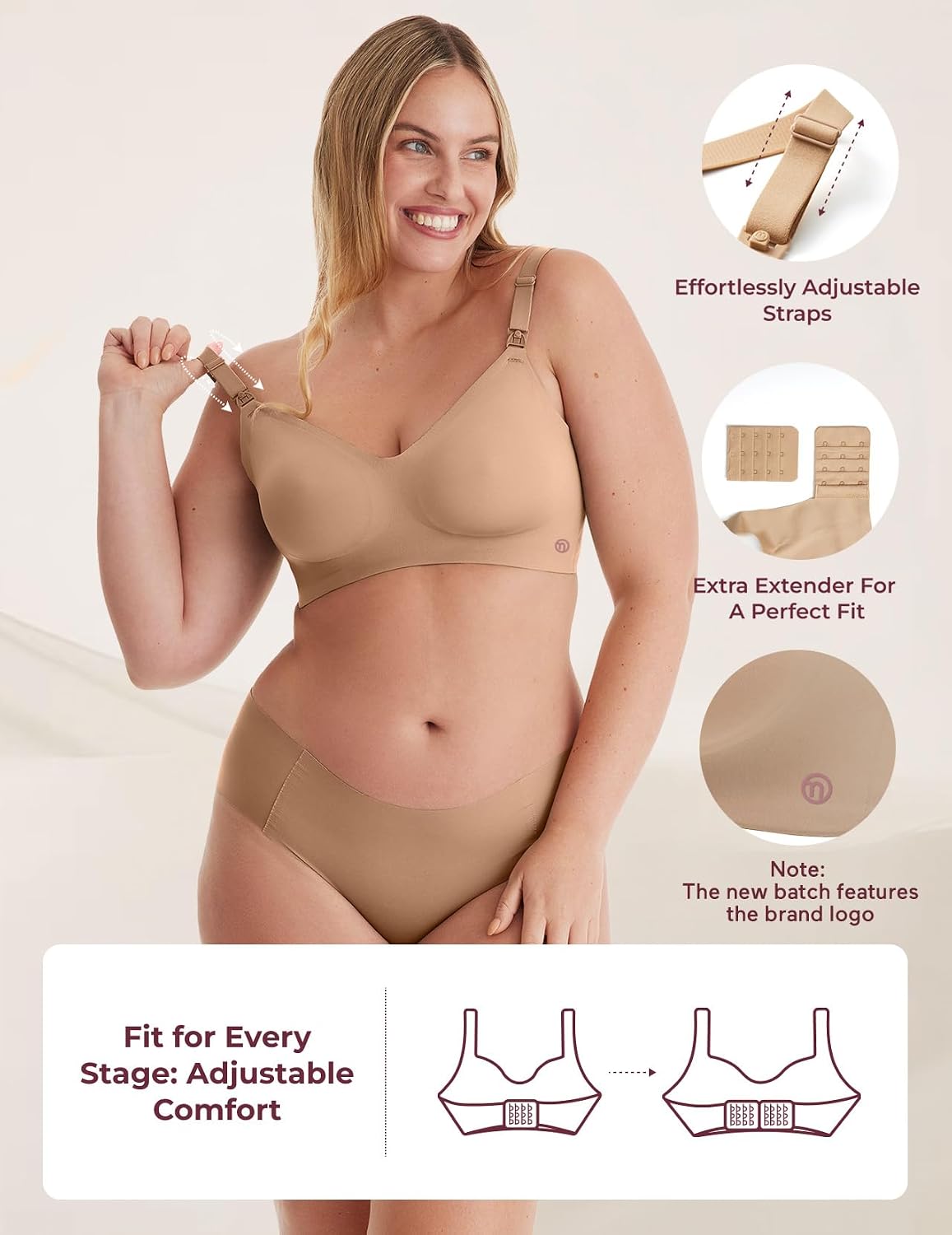 Momcozy YN21 nursing bralette on a plus-size body with strap and extender callouts