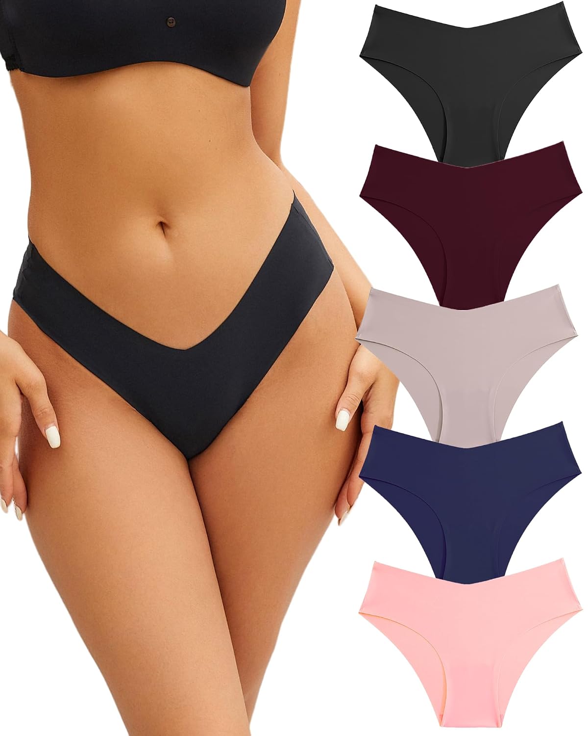 FINETOO Women's Seamless V-Cut Cheeky Bikini Panties 5-Pack