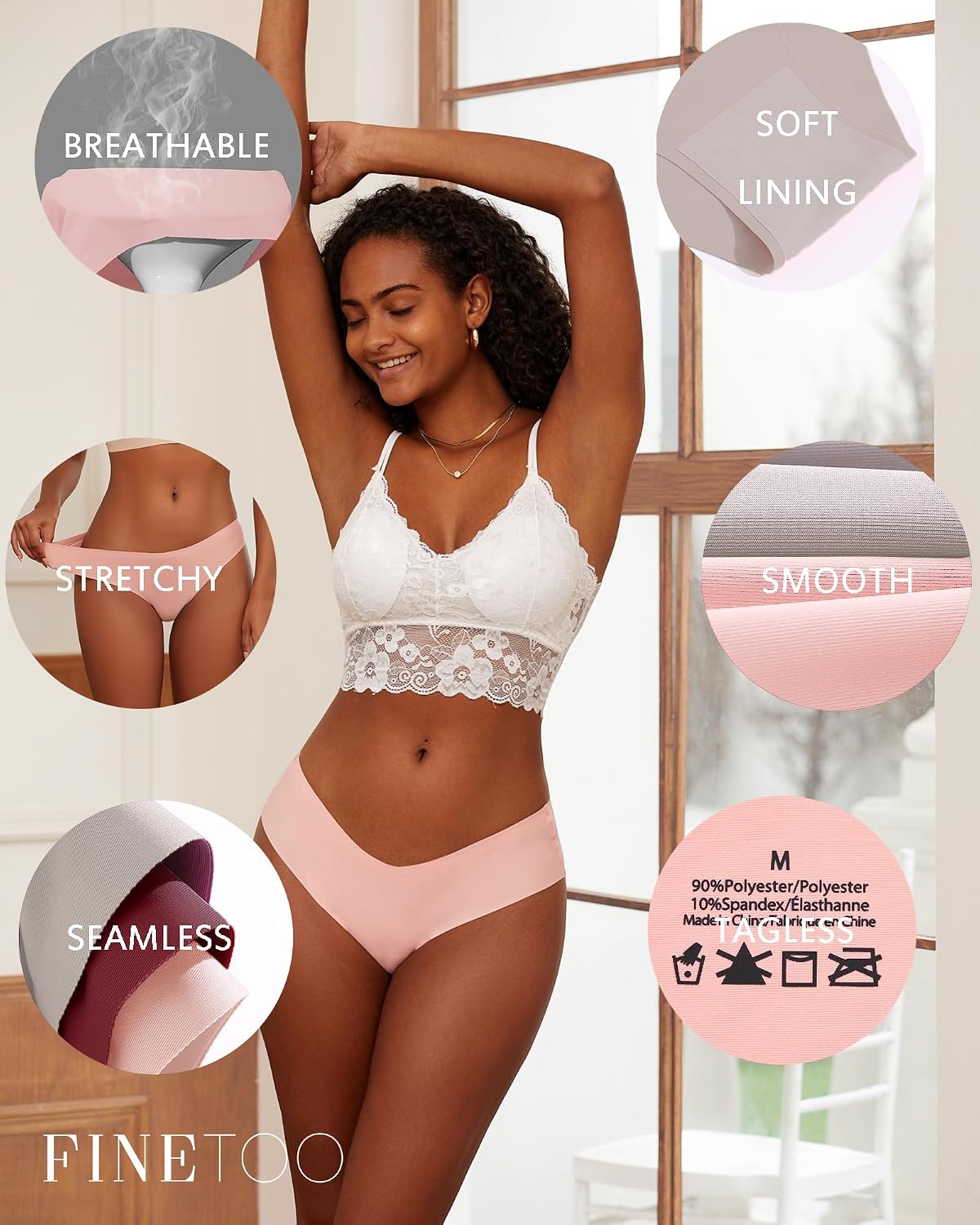 FINETOO Women's Seamless V-Cut Cheeky Bikini Panties 5-Pack — image 4