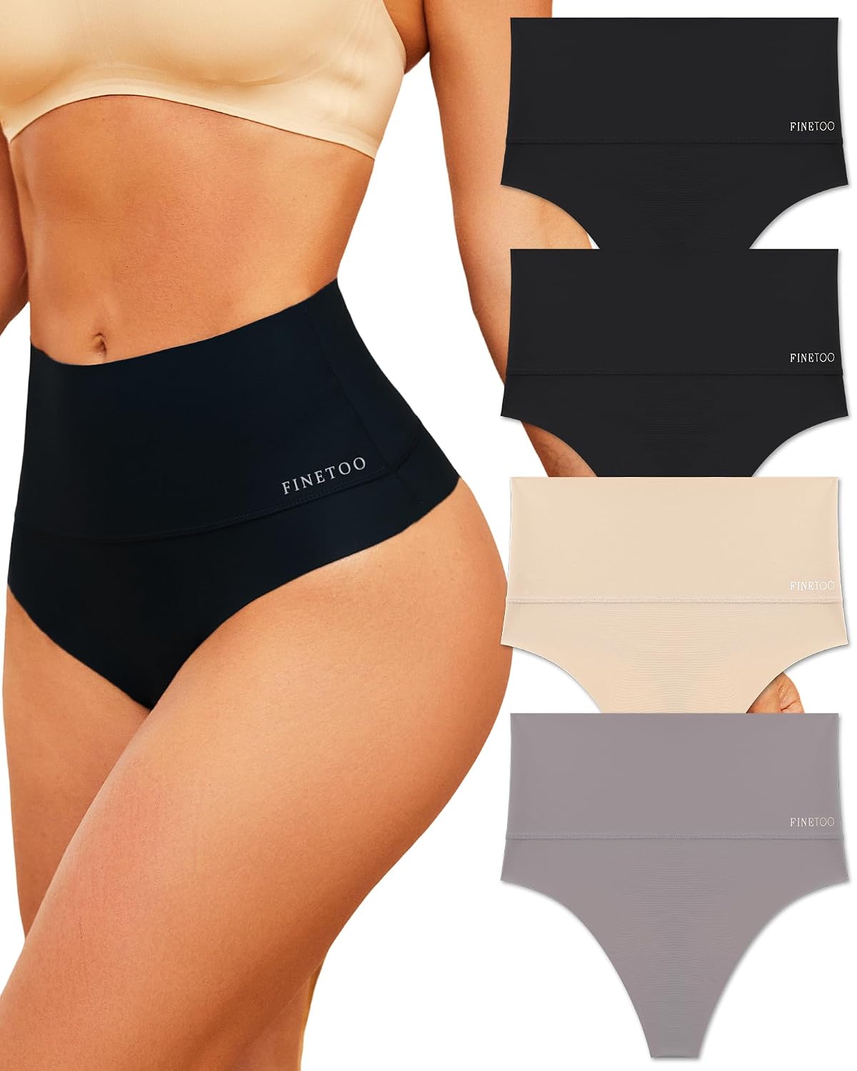 FINETOO High Waisted Seamless Thong 4-Pack