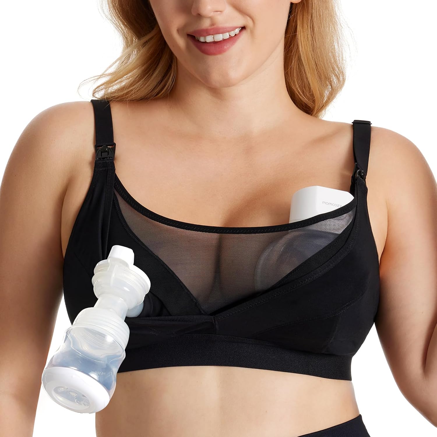 Hands-free mesh pumping bra for comfortable support