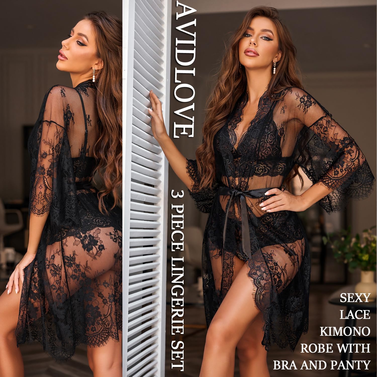 Avidlove 3-Piece Lace Lingerie Set with Kimono Robe — image 2