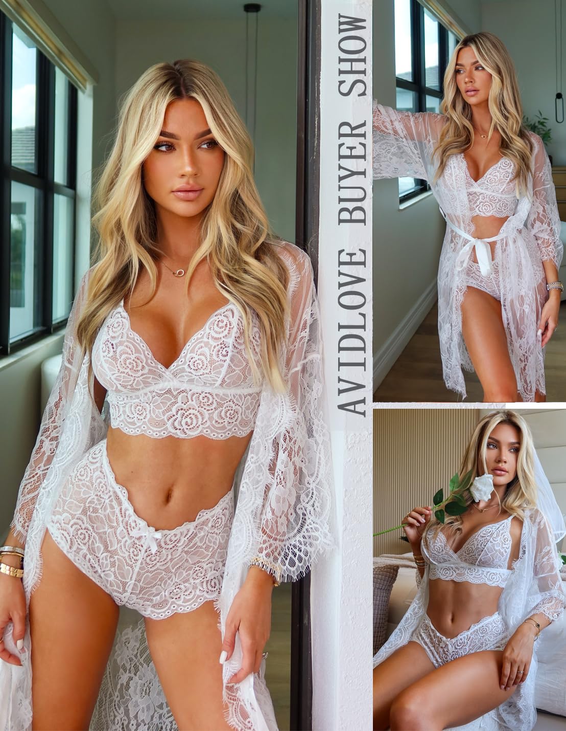 Avidlove 3-Piece Lace Lingerie Set with Kimono Robe — image 2