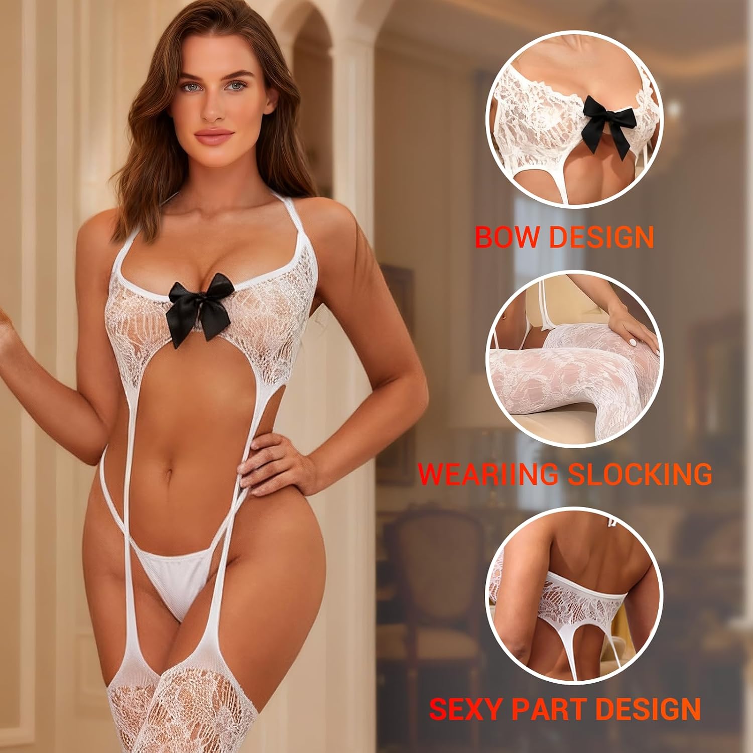 QOXNORC Lace Crotchless Teddy Set with Garter Stockings — image 2