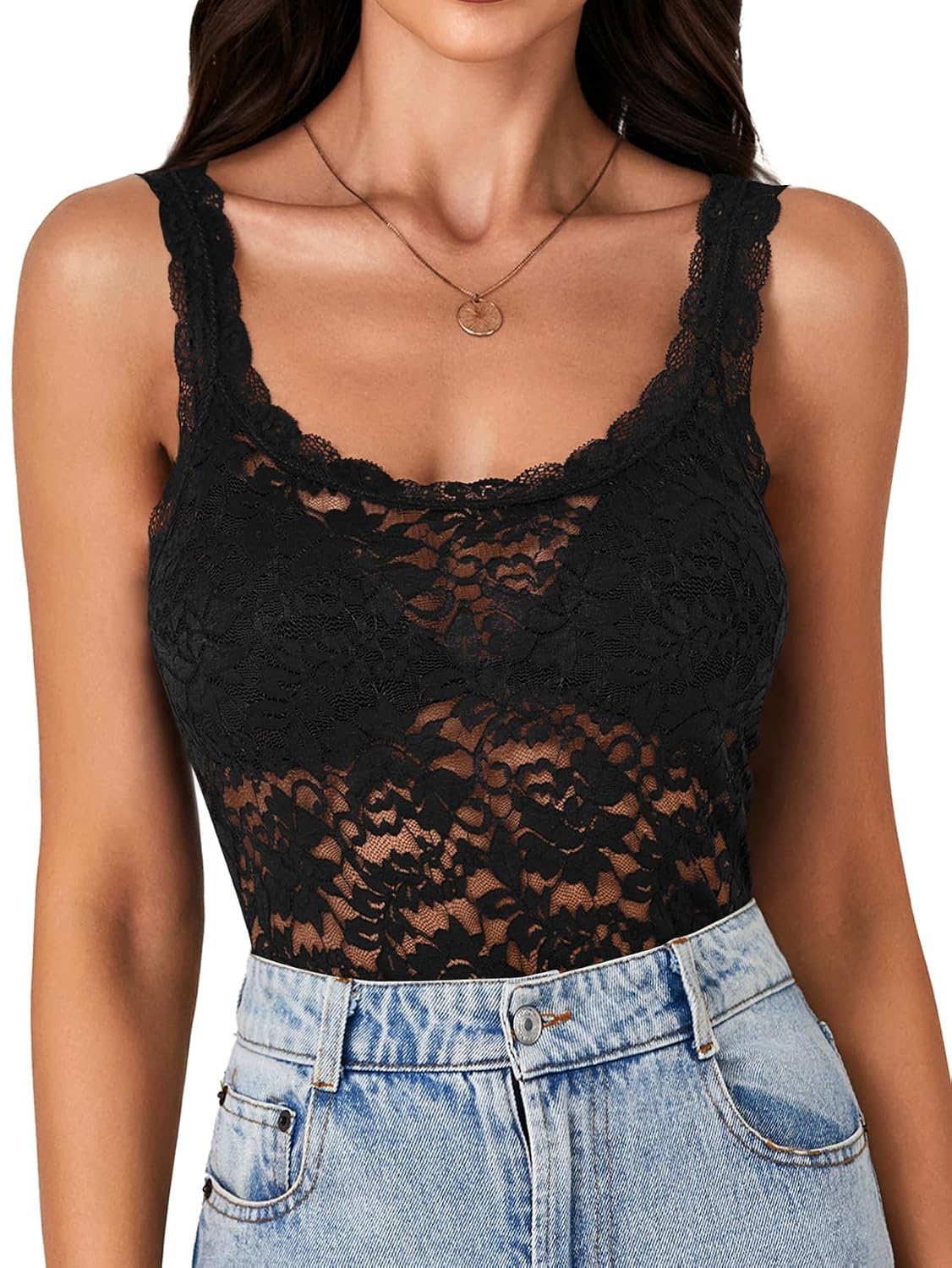 LYANER Floral Lace Scallop Strap Tank Top