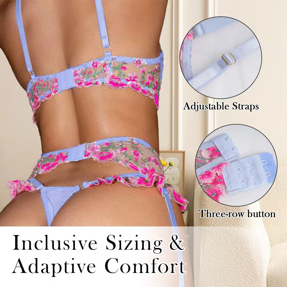 HELLOLAGIRL Floral Embroidery Lingerie Set with Garter Belt — image 4