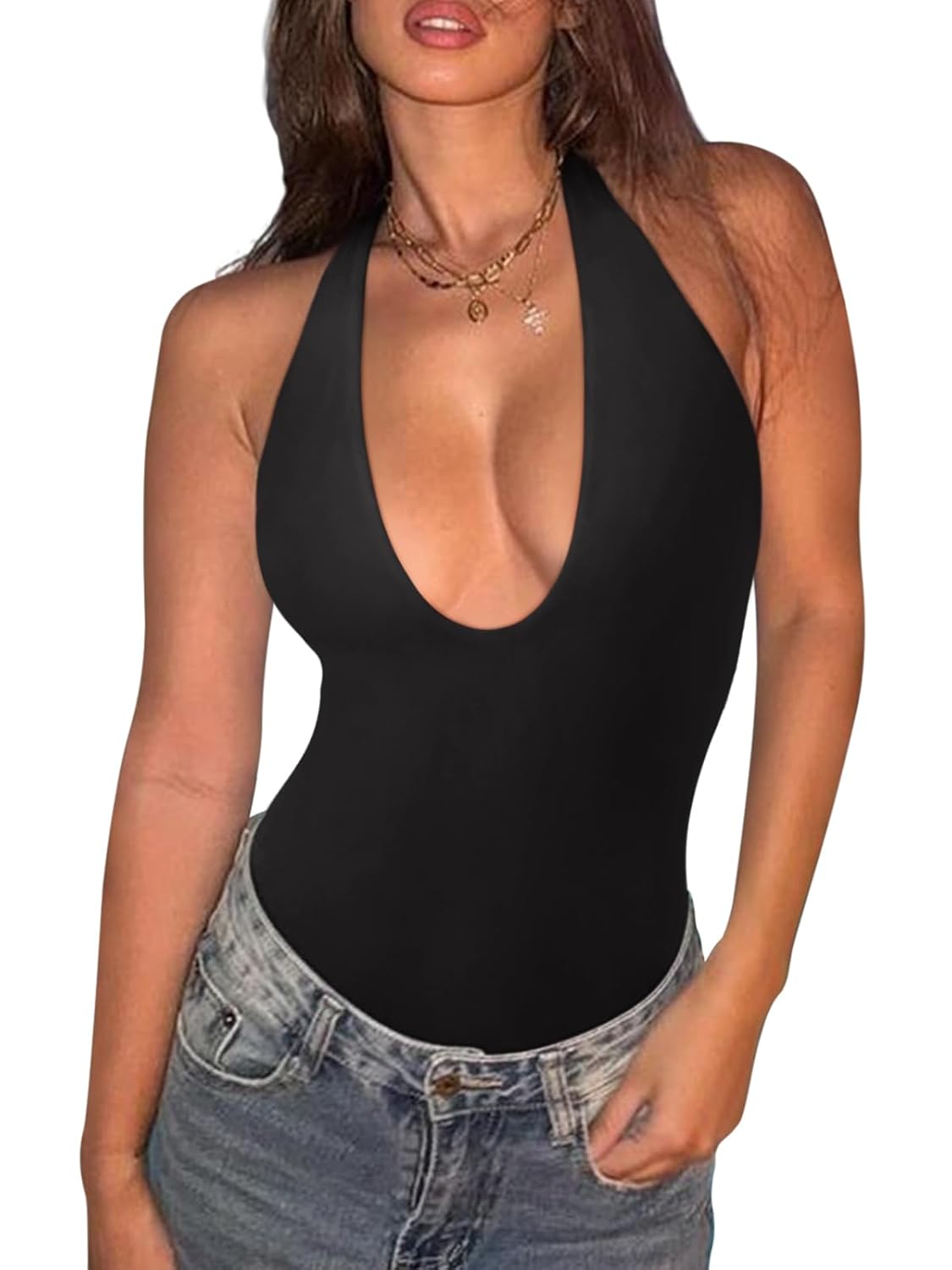REORIA Women's Halter V-Neck Backless Bodysuit