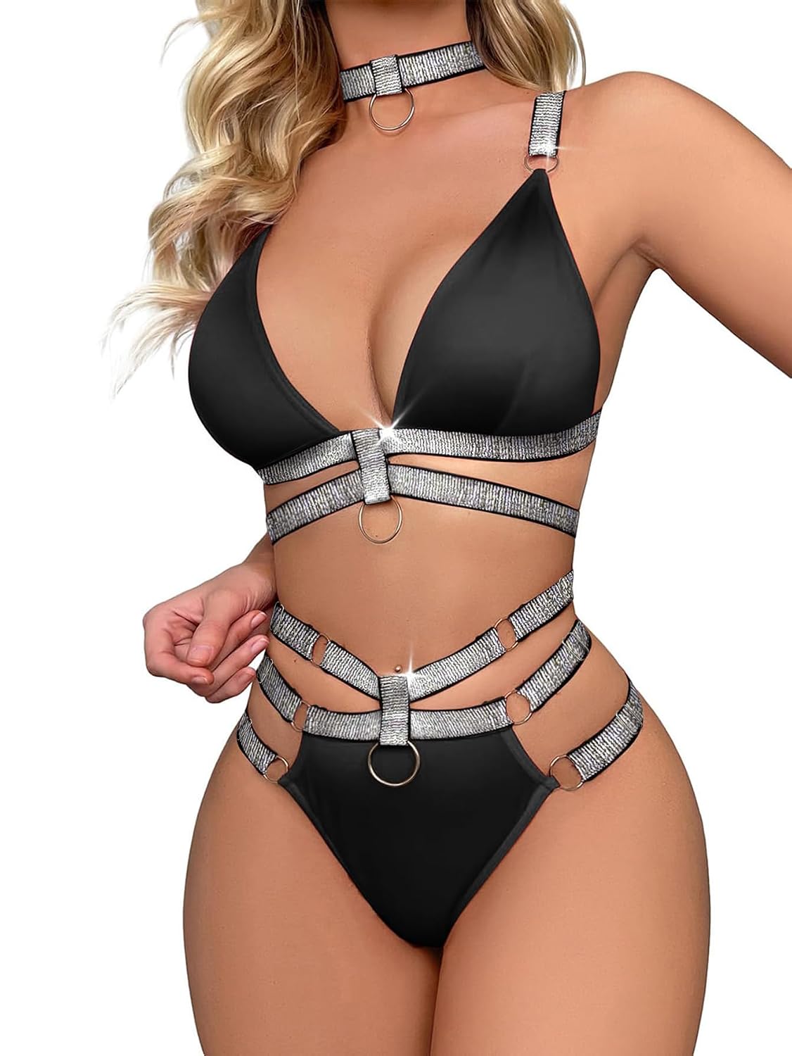 Lilosy 3-Piece Strappy Harness Lingerie Set