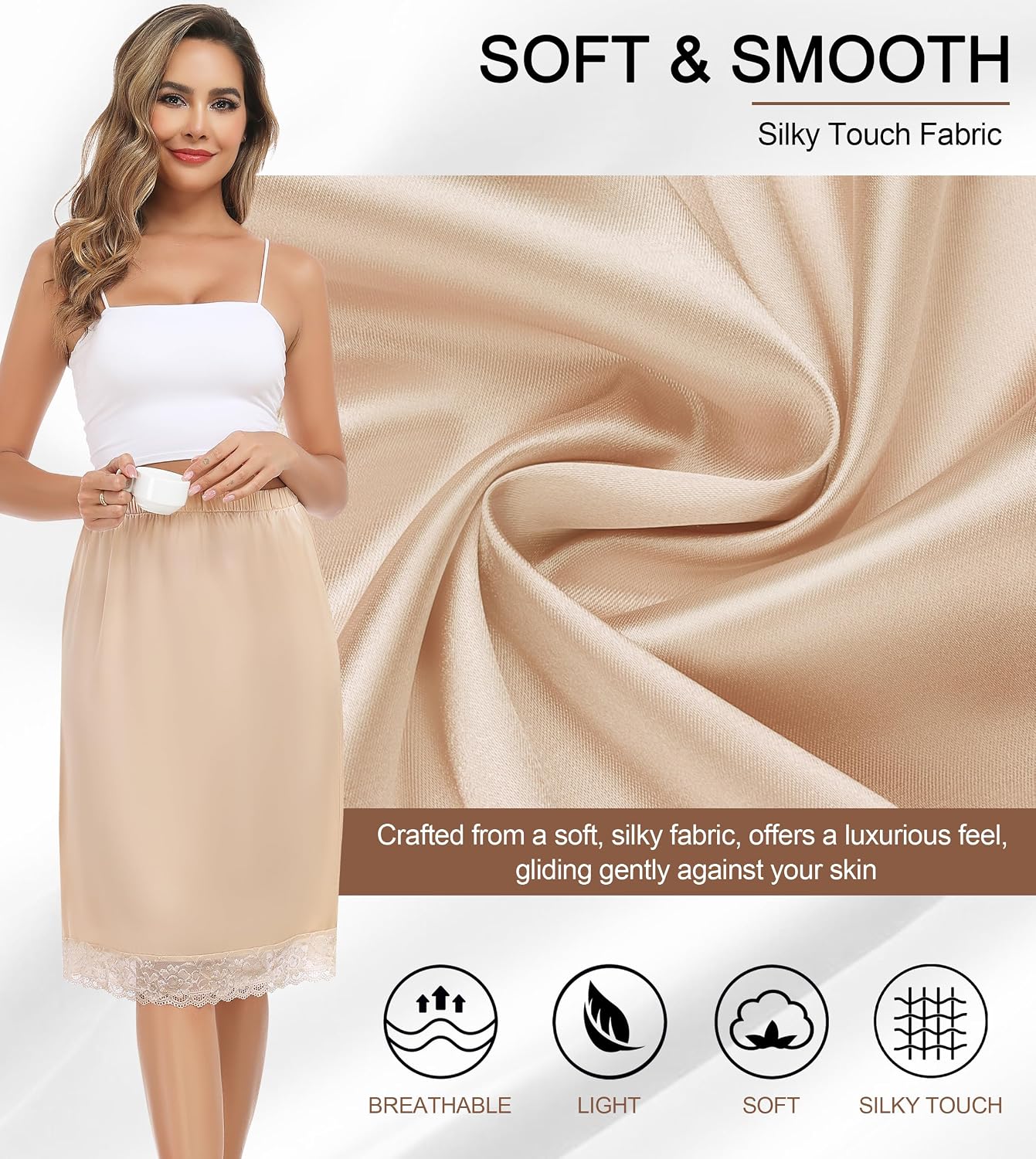 Lovasy Long Satin Half Slip with Lace Trim — image 3