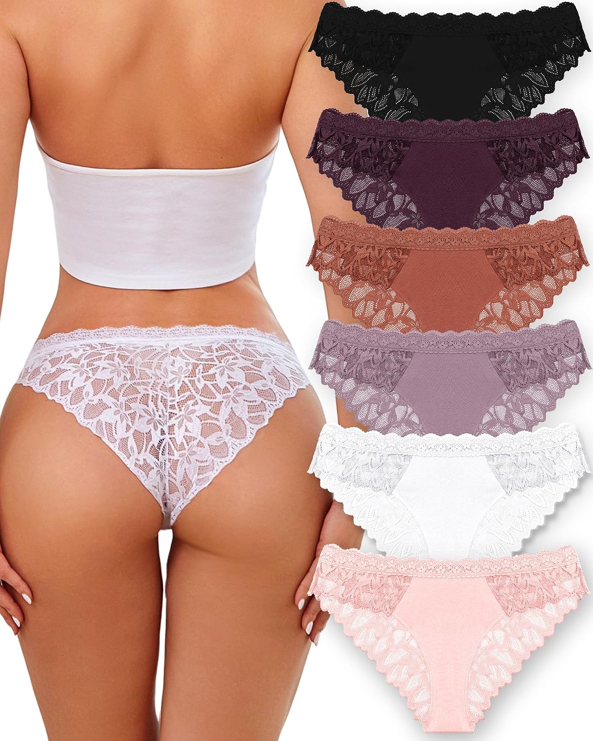 ROSYCORAL Cotton Lace Cheeky Bikini Panties 6-Pack