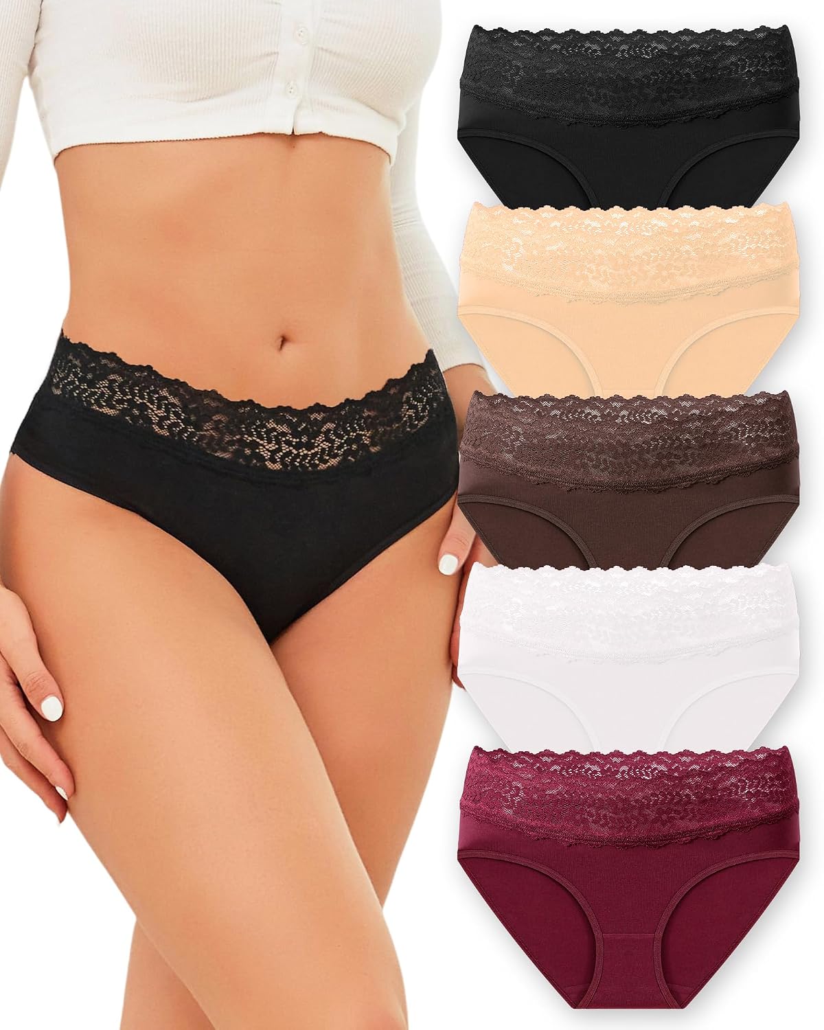 Women's Low Rise Lace Trim Hipster Panties 5-Pack