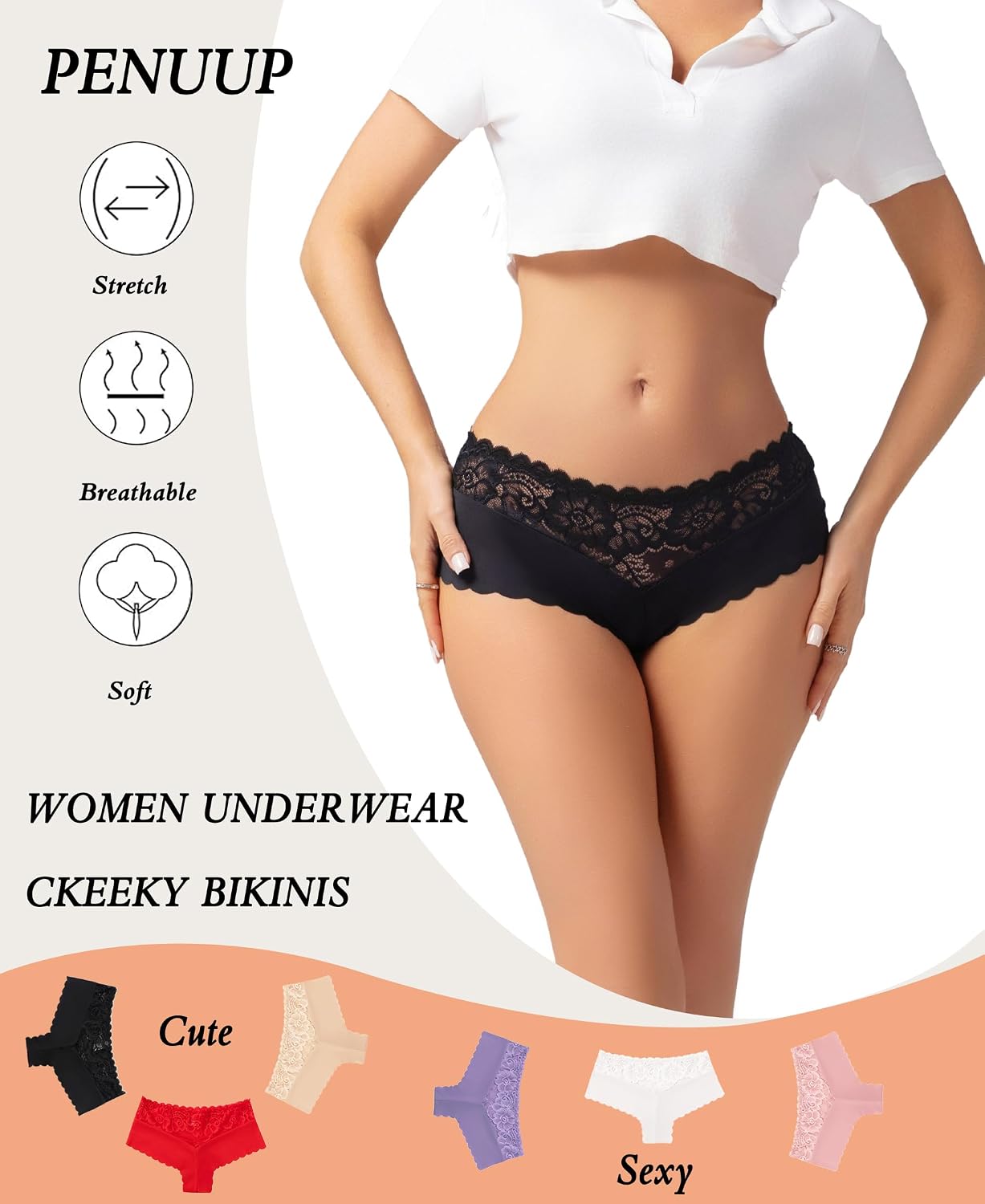 PENUUP Lace Cheeky Panties for Women 6 Pack — image 3