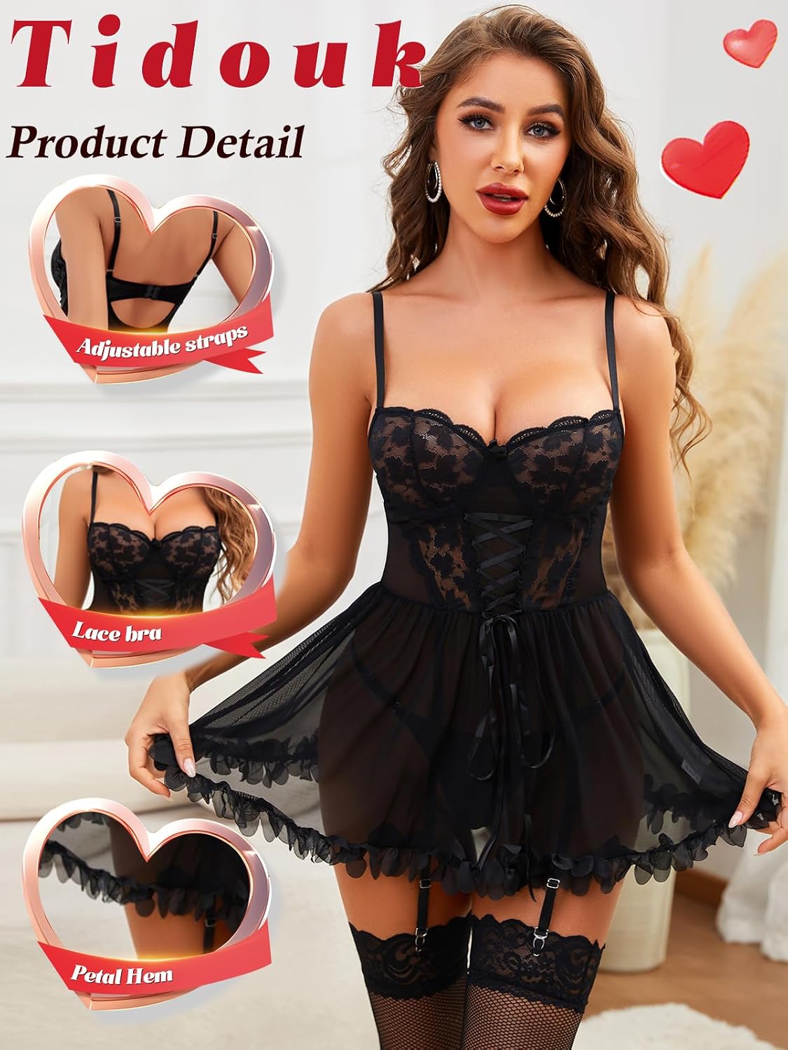 Tidouk Lace Babydoll Push Up Chemise with Garter Set — image 4