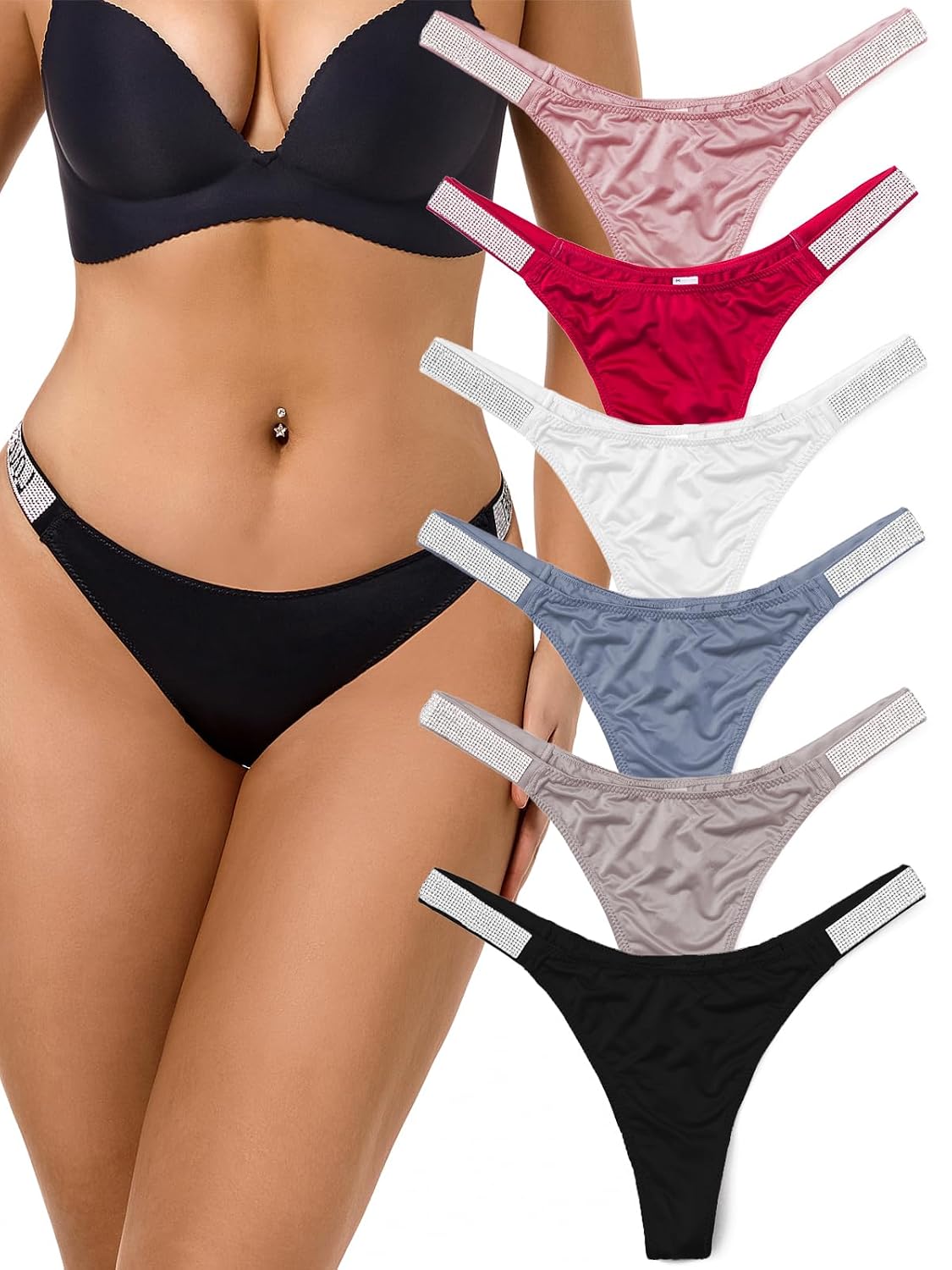 Rhinestone Ice Silk Thong 6-Pack for Women
