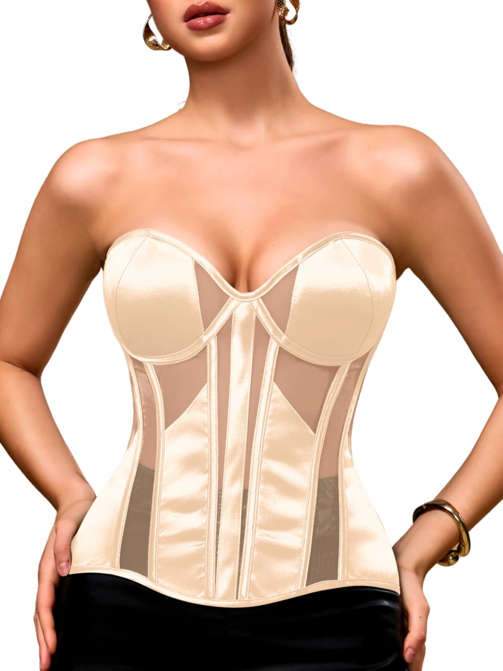 ChiaoLezhee Satin Mesh Strapless Corset Top