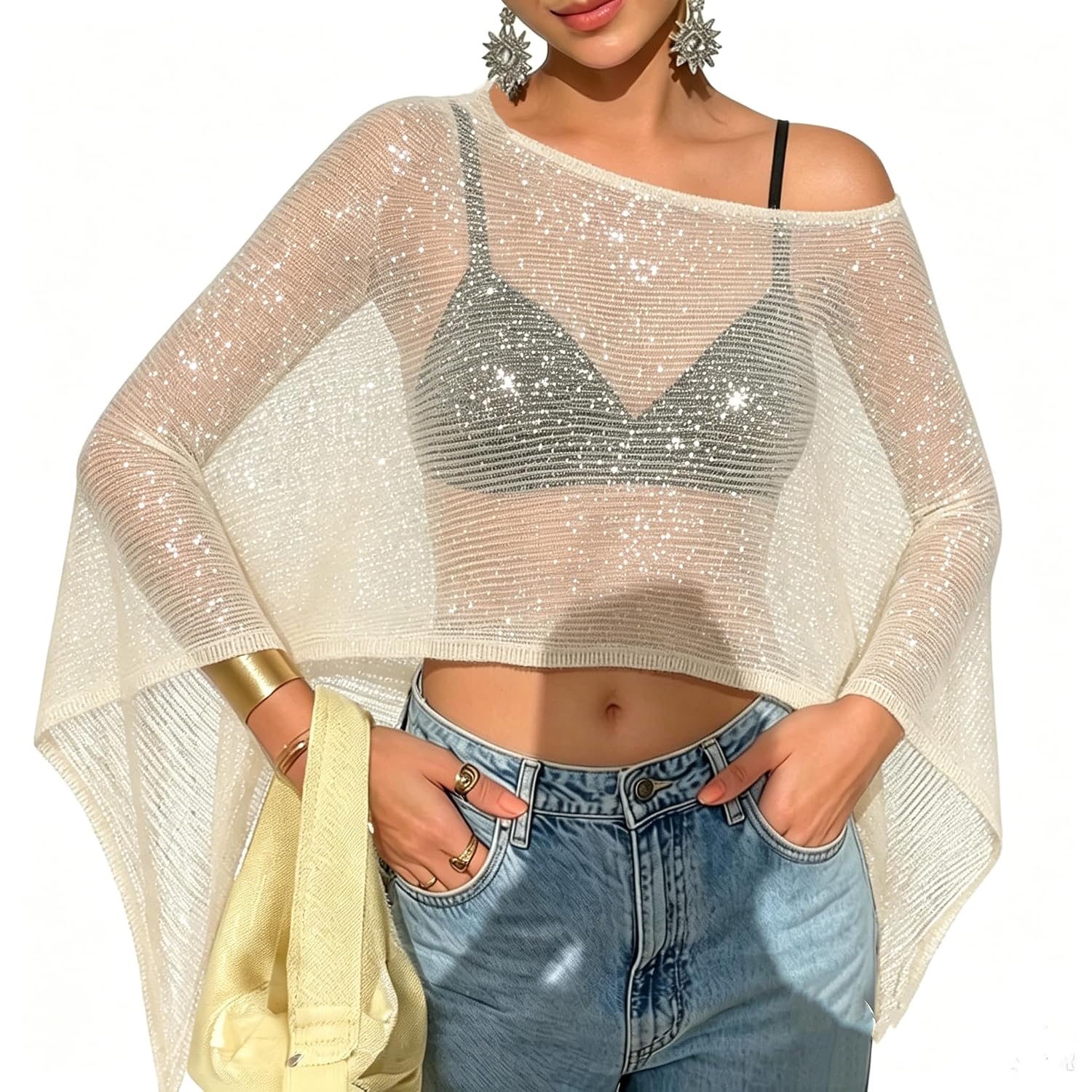 Women's Sheer Knit Crochet Shrug Poncho — image 8