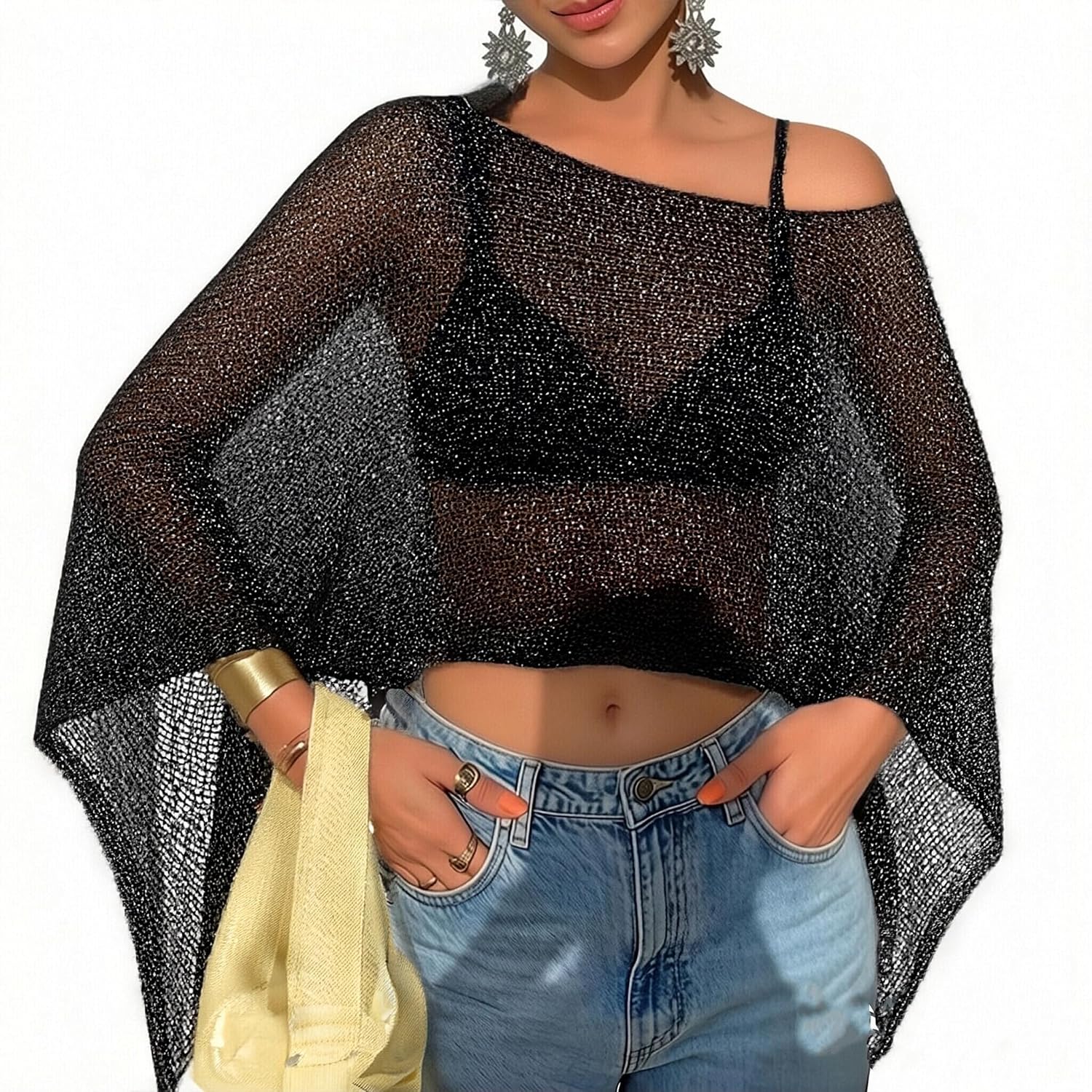 Women's Sheer Knit Crochet Shrug Poncho — image 9