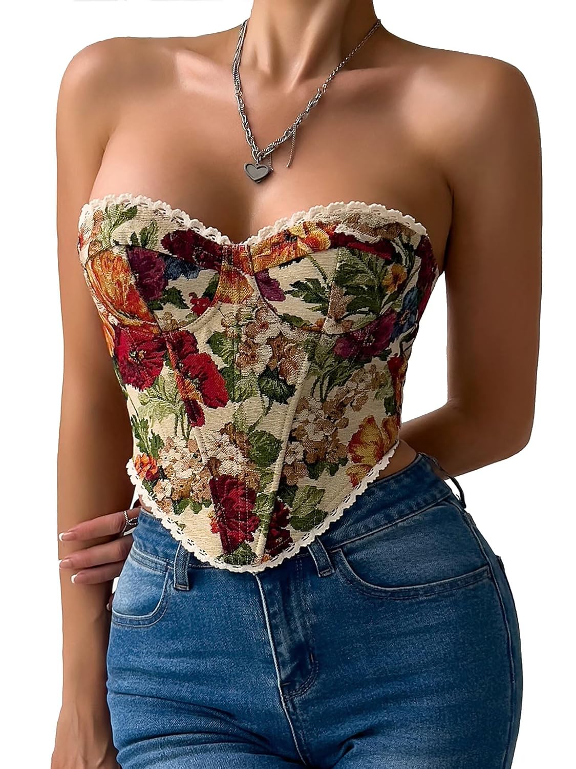 QIAIYALA Vintage Floral Strapless Corset Bustier