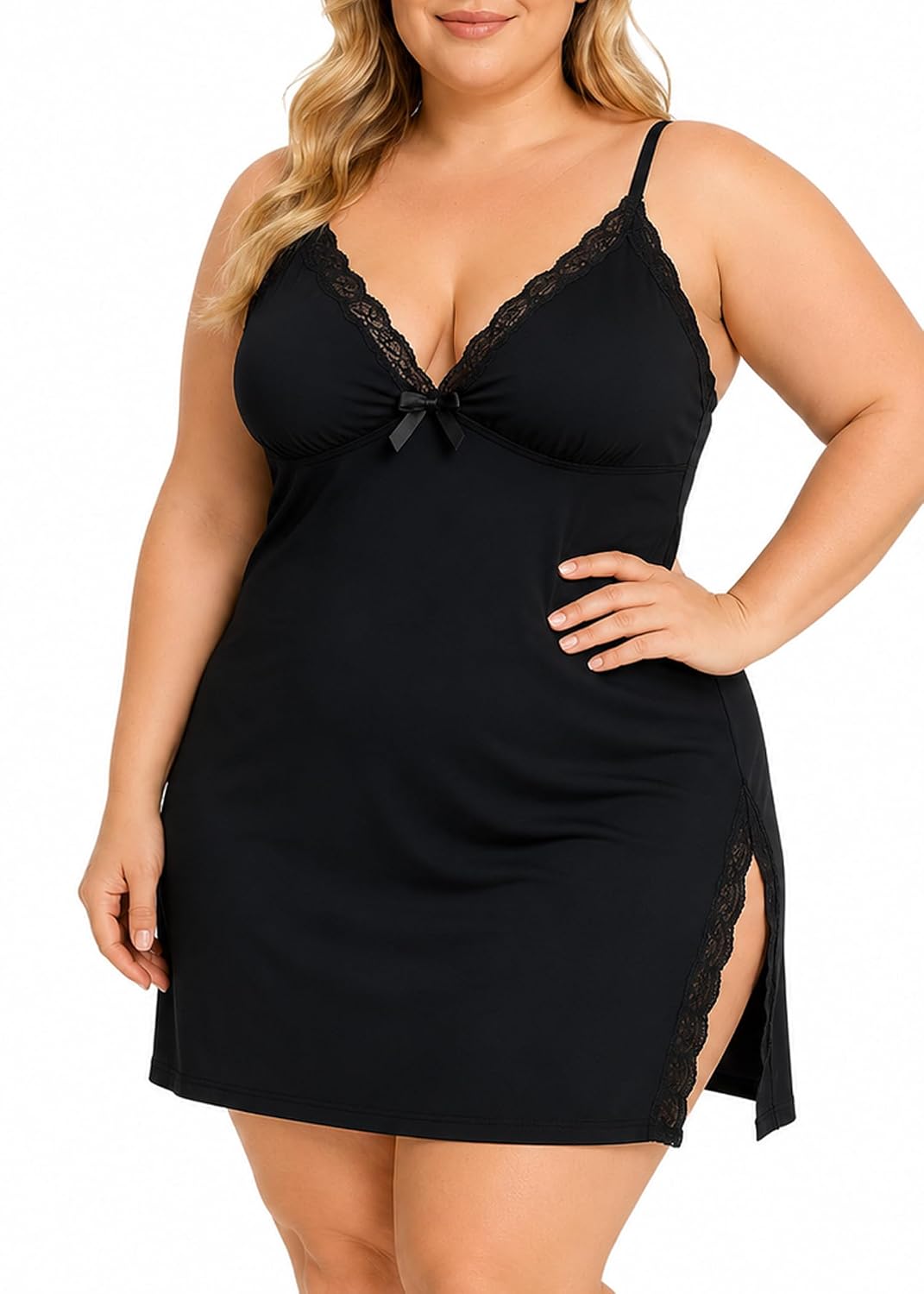 Eirisly Plus Size Lace Modal High Slit Nightgown