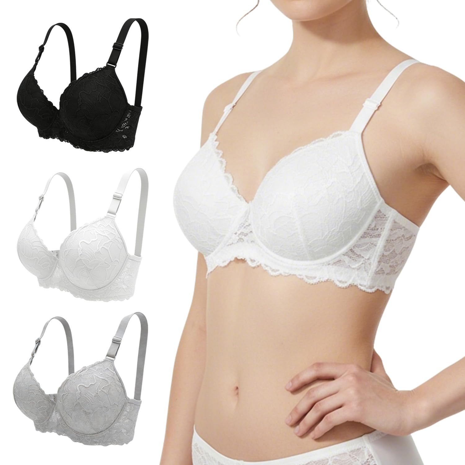 Dpizgic Women's 3-Pack Lace Padded Push-Up Bra