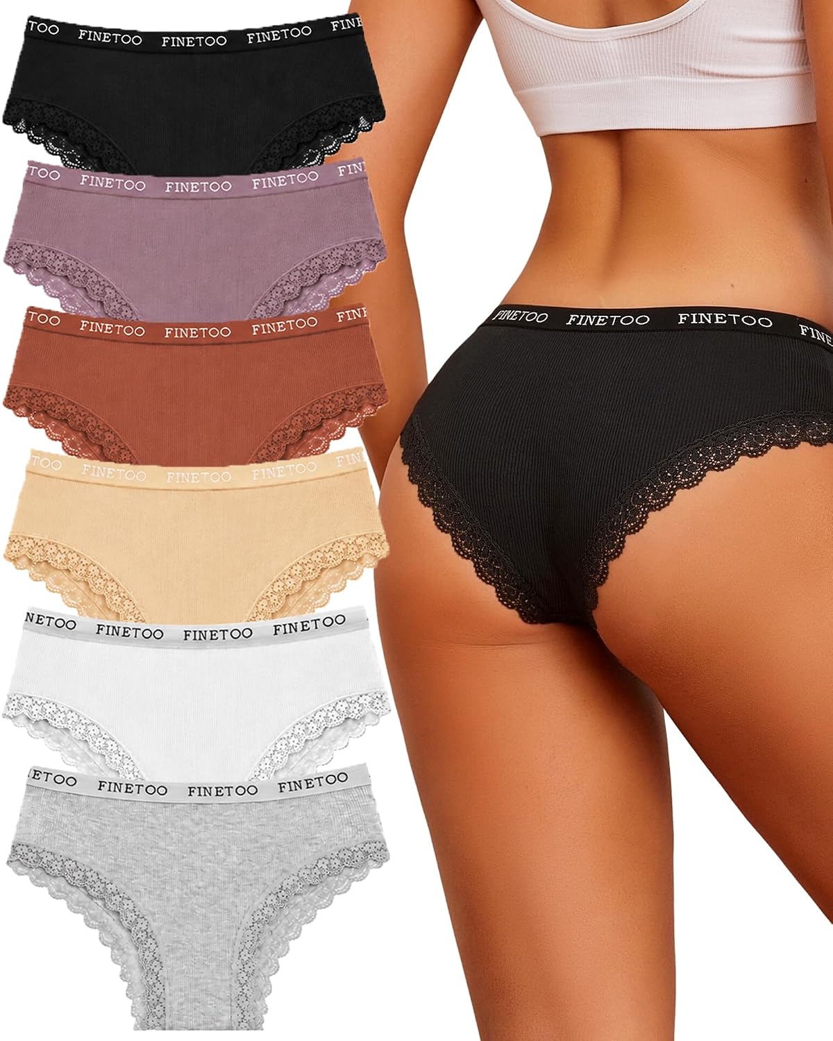 FINETOO Cotton Lace Cheeky Bikini Panties 6-Pack