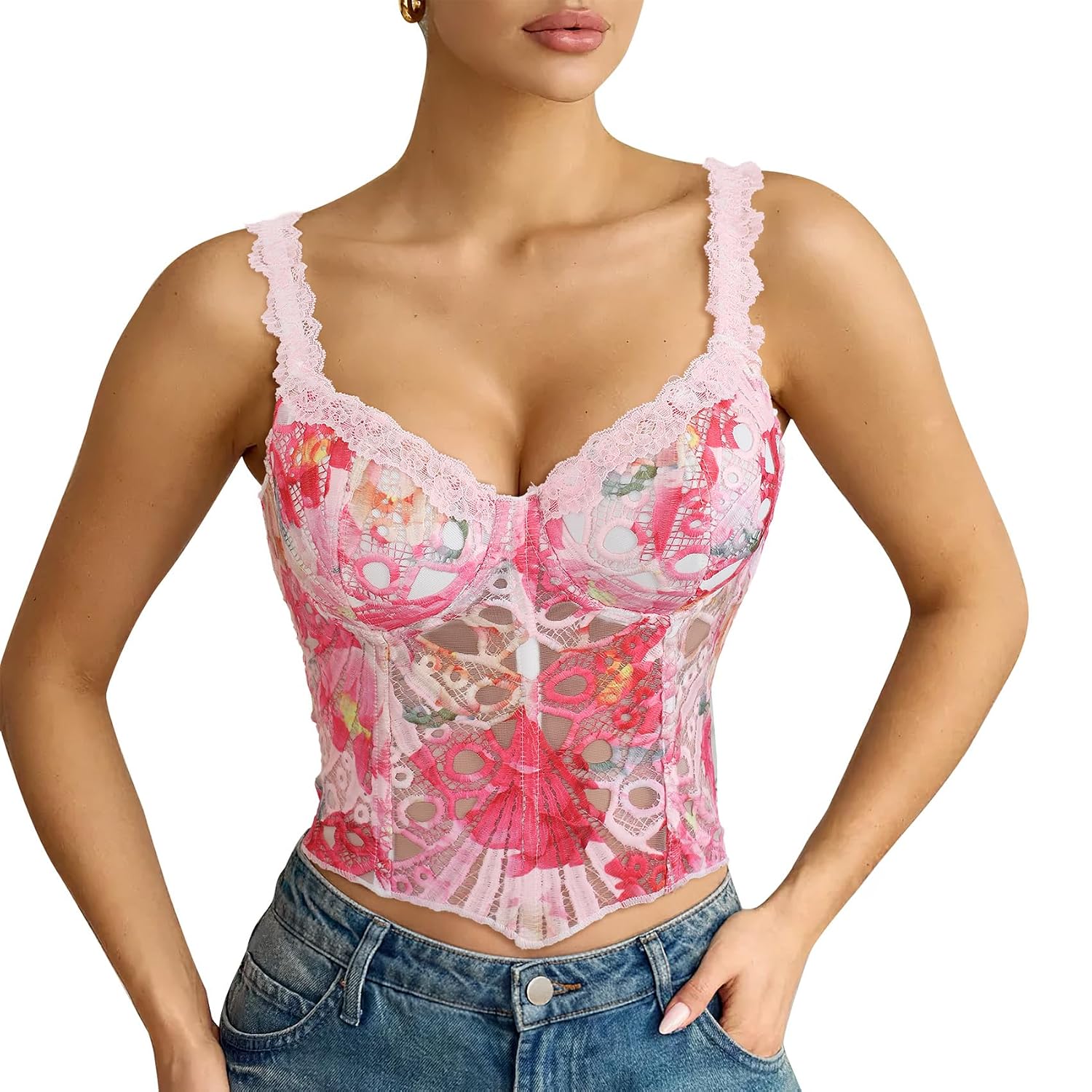 LEACOOLKEY Women's Sheer Floral Lace Corset Crop Top