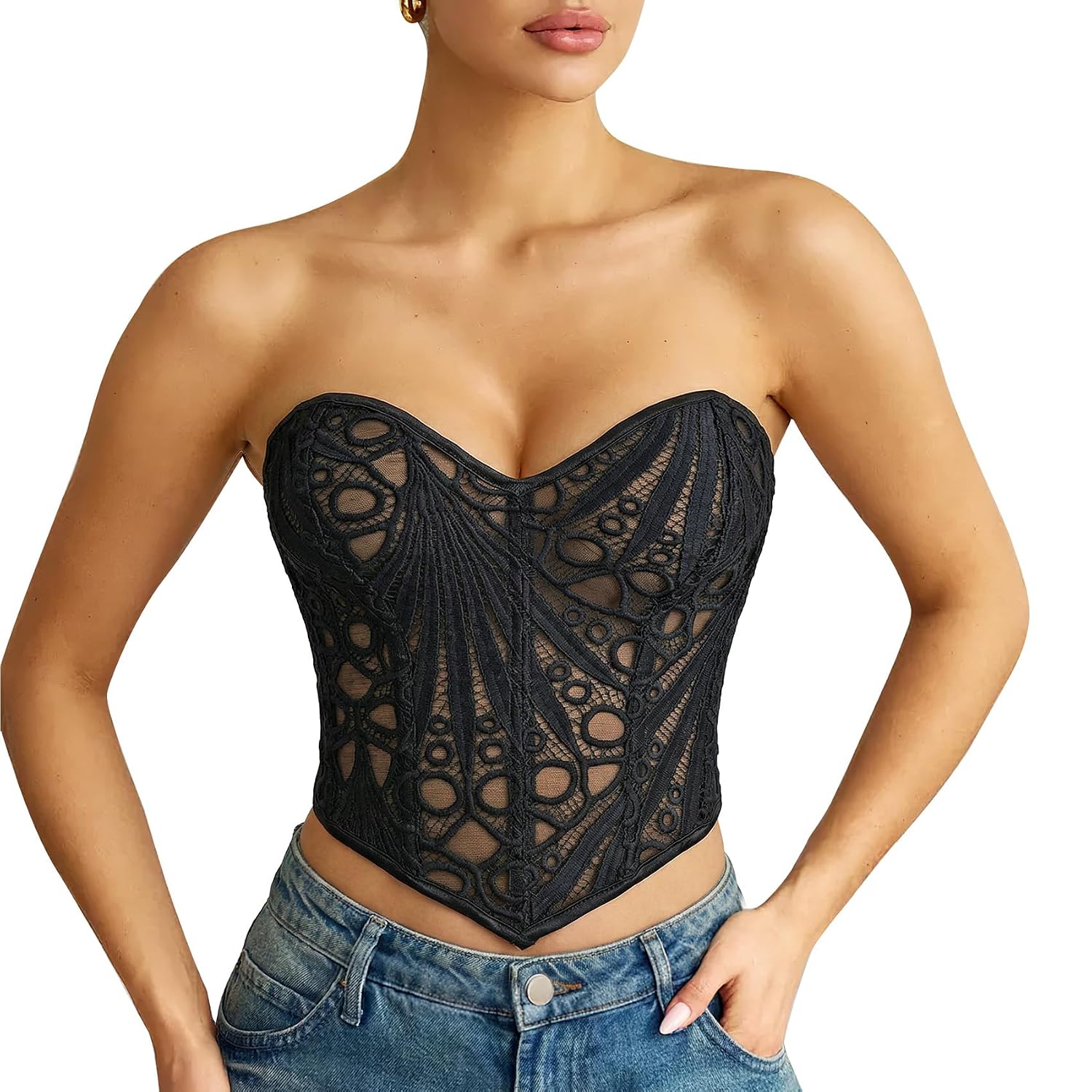 LEACOOLKEY Sheer Lace Corset Crop Top