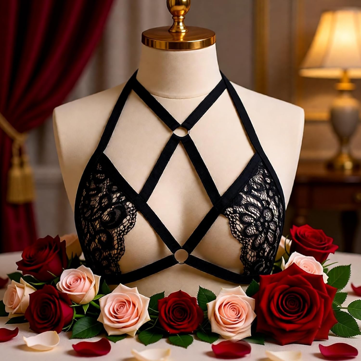 Looching Women's Black Lace Cage Bra with Strappy Harness — image 6