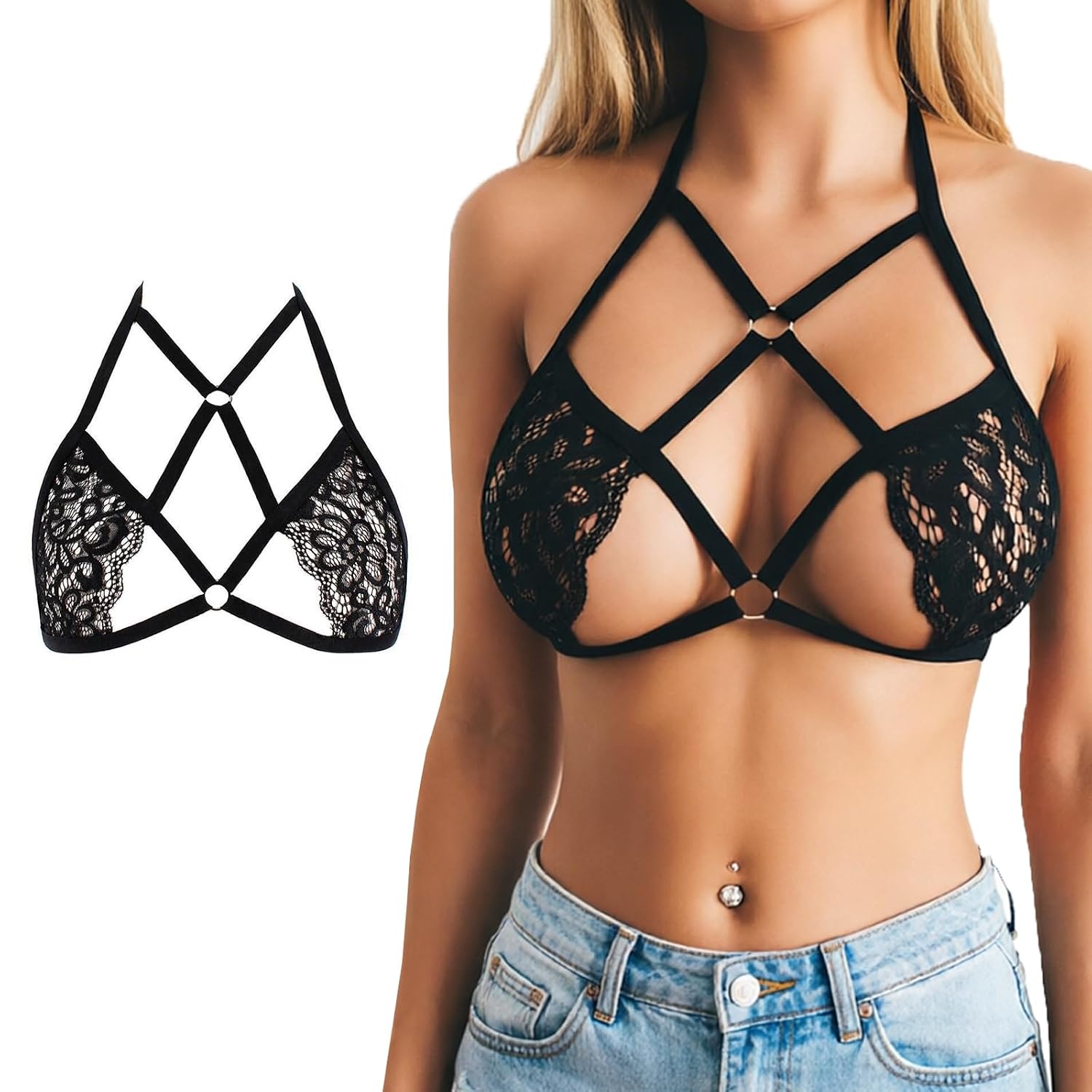 Looching Women's Black Lace Cage Harness Cami Bra