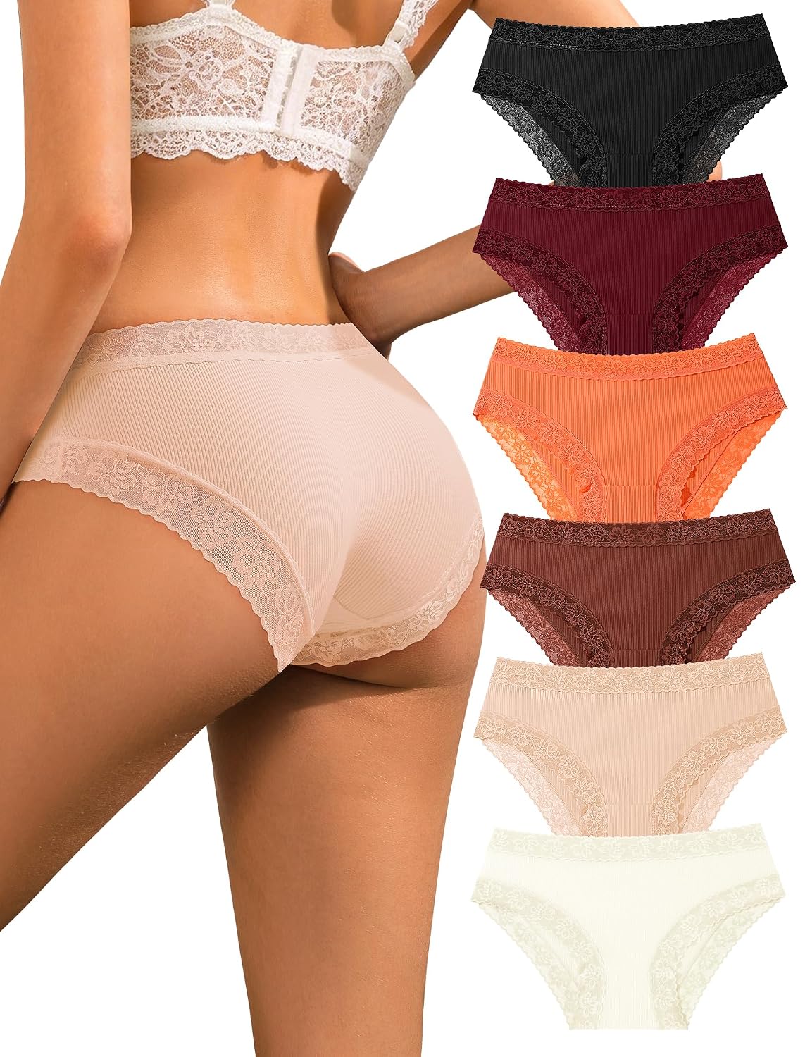 DUKAWA Women's Lace Cotton Bikini Panties 6-Pack