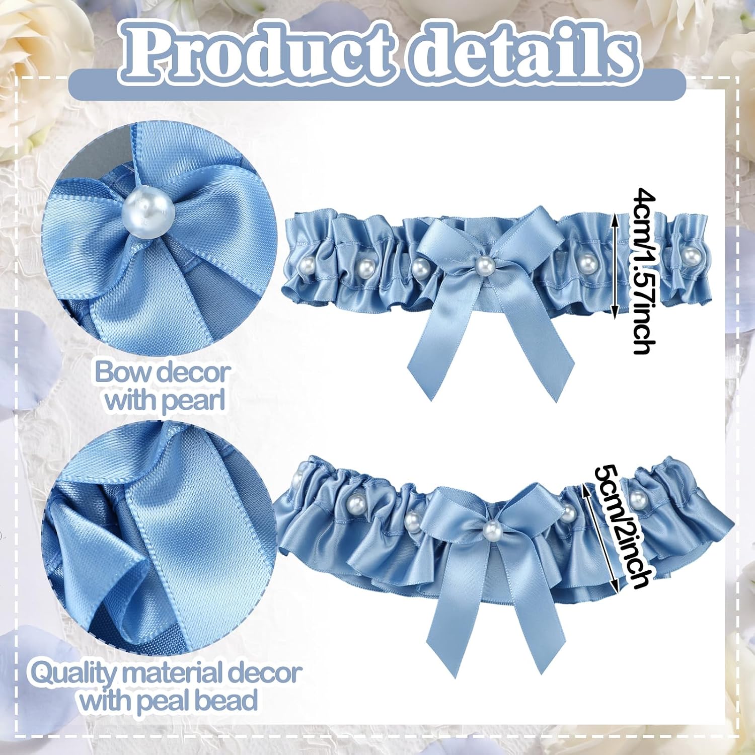Blue Satin Bridal Garter Set with Pearl Bows — image 2