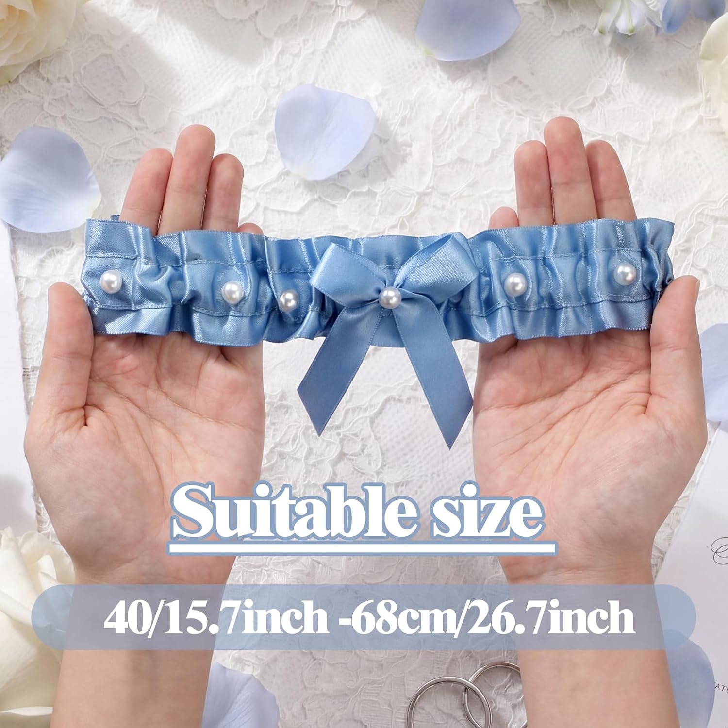 Blue Satin Bridal Garter Set with Pearl Bows — image 4