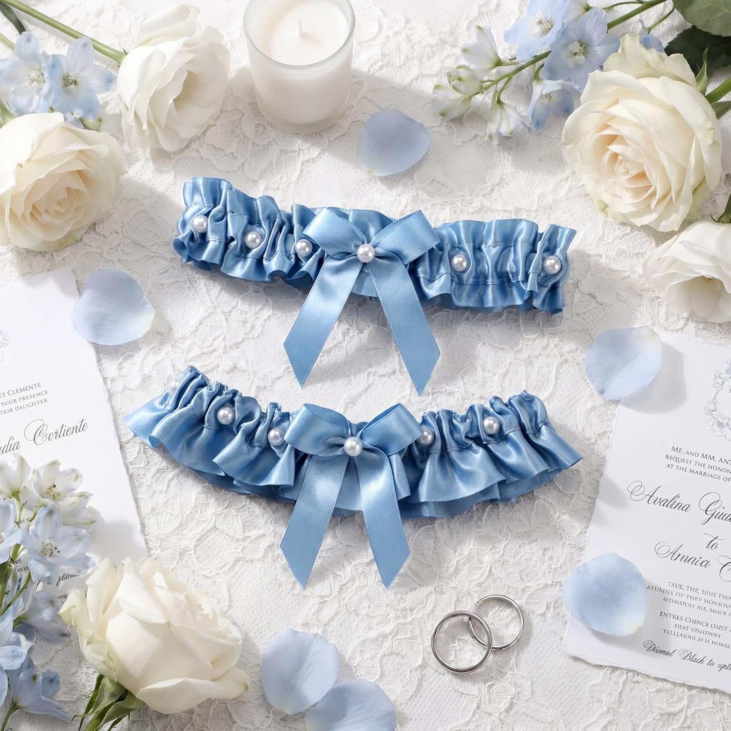 Blue Satin Bridal Garter Set with Pearl Bows — image 5
