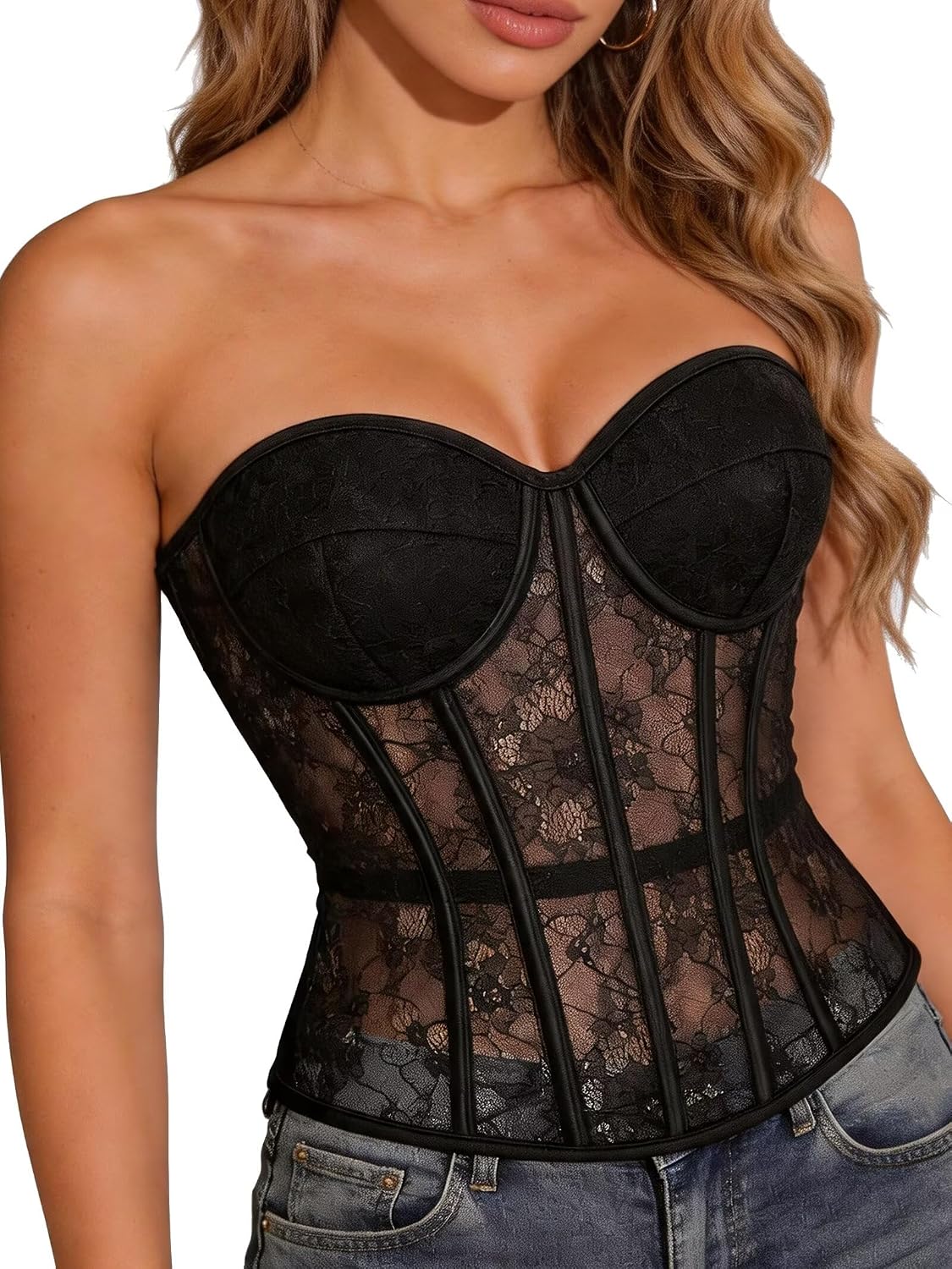 QIAIYALA Strapless Lace Corset Top