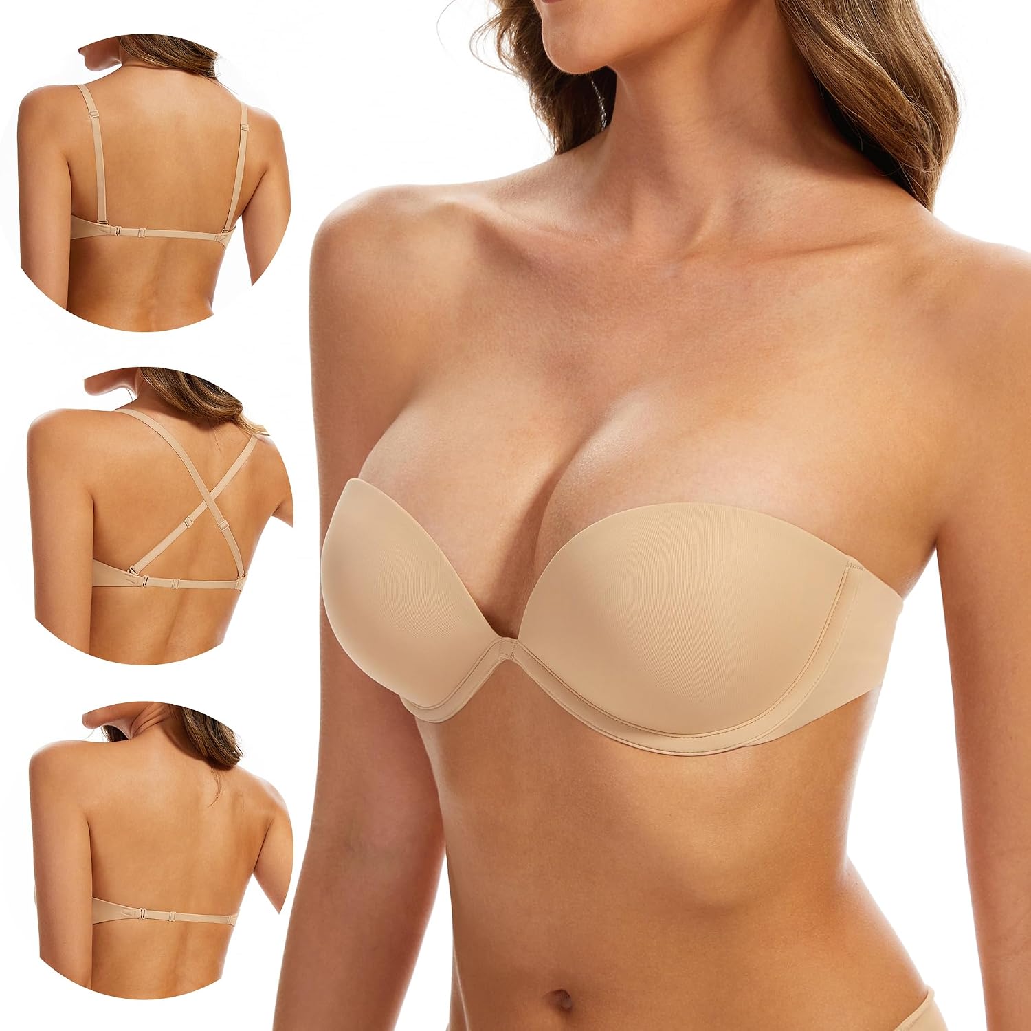 MimiGlow Women's Strapless Push Up Plunge Bra